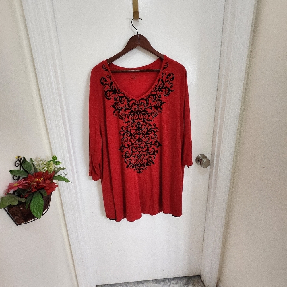 Catherines plus size 3x red tunic blouse black lined to split back 3/4